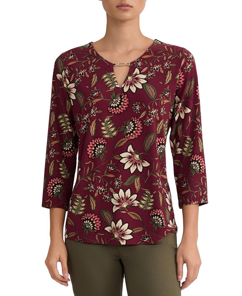 Jones New York Женский Floral-Print V-Neck 3/4-Sleeve Buckle Trim Blouse