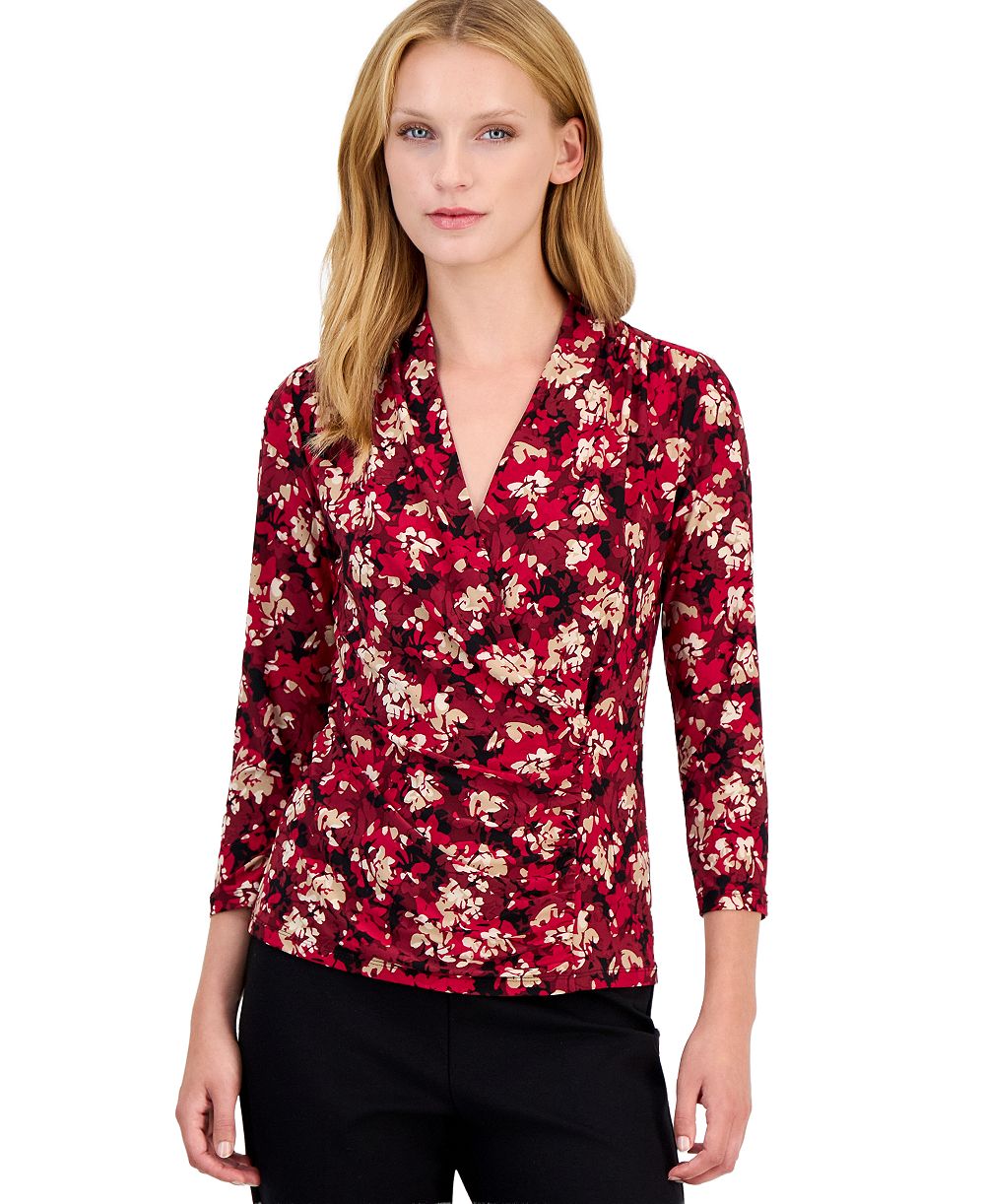 Anne Klein Petite Faux-Wrap 3/4-Sleeve V-Neck Blouse