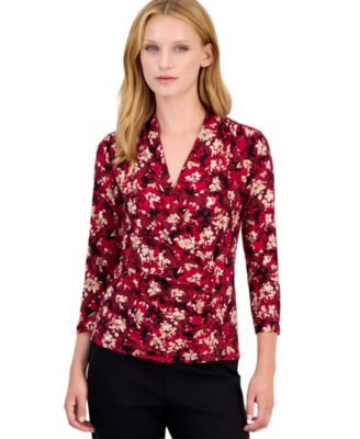 Anne Klein Petite Faux-Wrap Floral-Print 3/4-Sleeve Blouse