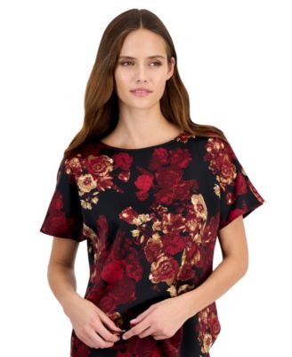 Anne Klein Petite Bateau Neck Floral-Print Blouse