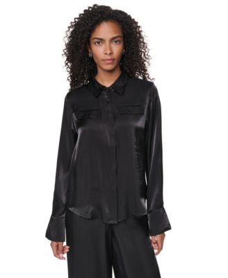 DKNY Petite East River Shine Long Sleeve Button Up Satin Blouse