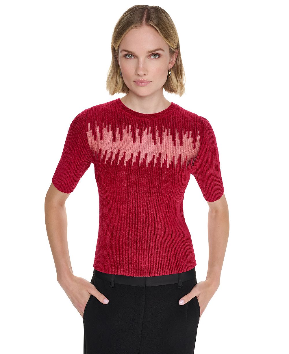 DKNY рифленый свитер с коротким рукавом и круглым вырезом, Petite