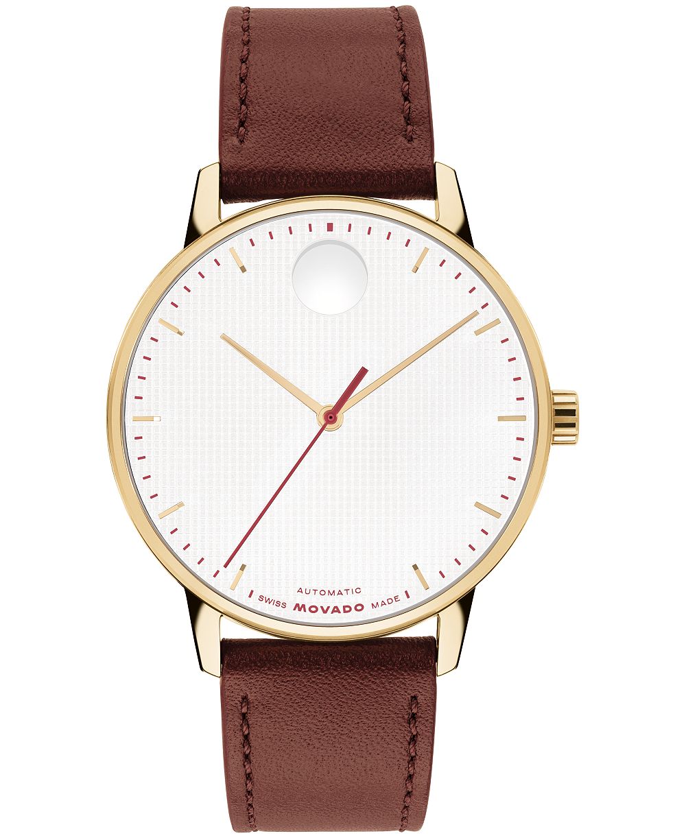 Мужские часы Movado Face Automatic Brown Leather Watch 39mm