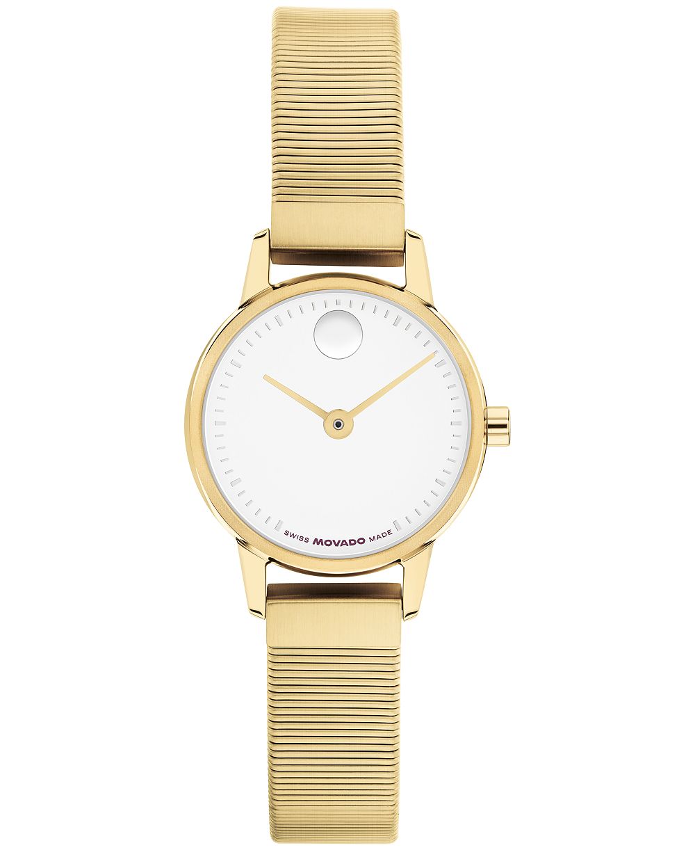 Женские швейцарские кварцевые часы Movado Baby Face с ионным покрытием светло-желтого золота и стальным браслетом, диаметр 22.50 мм