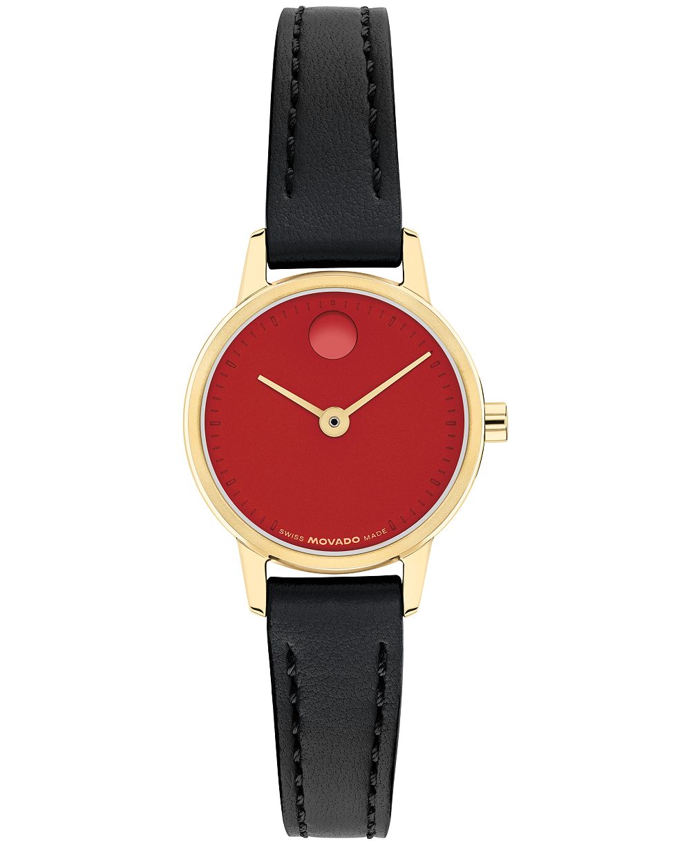 Movado Женские швейцарские кварцевые часы Baby Face с черным кожаным ремешком, 22.50 мм