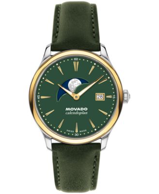 Мужские часы Movado Calendoplan Swiss Quartz, зеленые, кожаный ремешок, 37mm