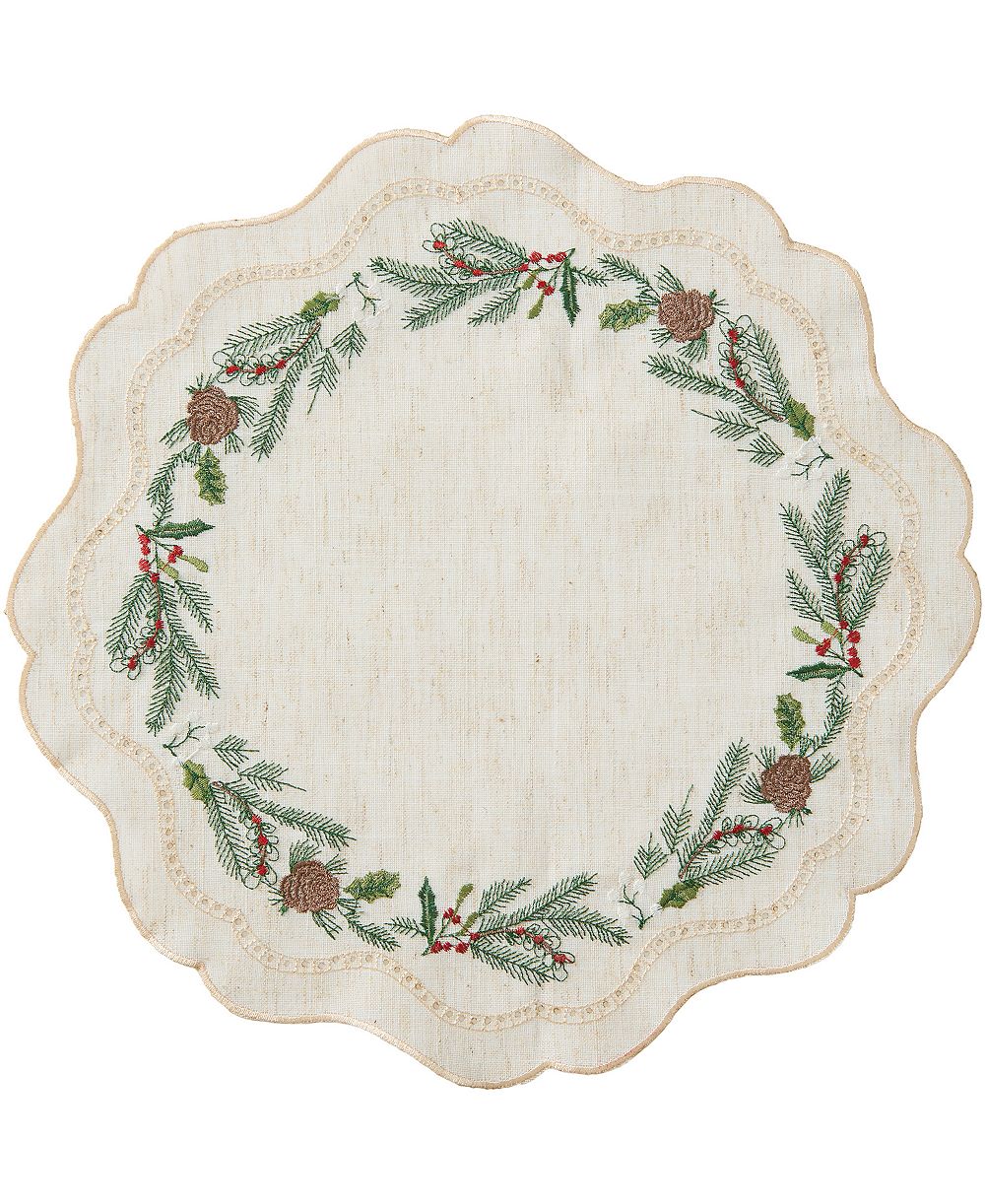 Elrene Rustic Winter Botanical Embroidered Round Placemat, 15" x 15"