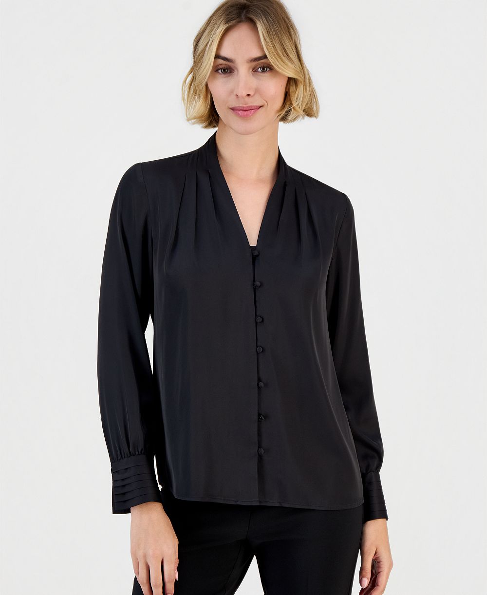 Anne Klein Women's Satin Pleated-Cuff Button-Front Blouse