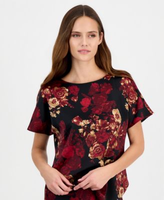 Блузка Anne Klein для женщин с коротким рукавом, вырезом лодочкой и принтом на сатиновой ткани