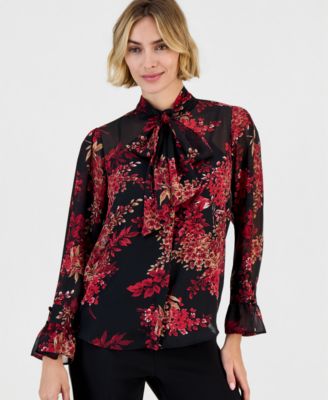 Anne Klein Women's Long-Sleeve Bow-Front Floral-Print Blouse