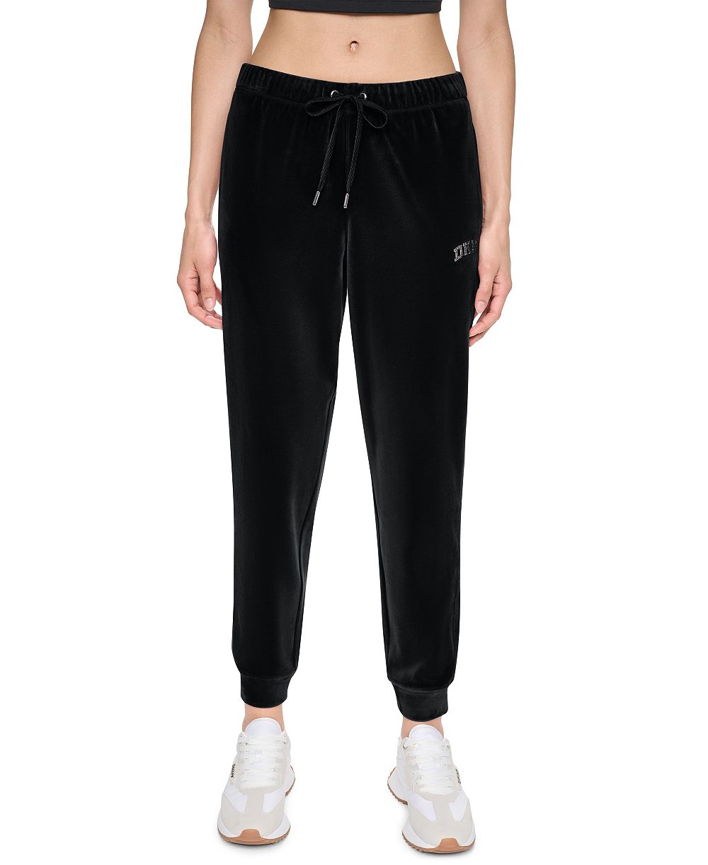 DKNY Sport Women's Mid-Rise Super-Soft Velour Rhinestone Logo Jogger
