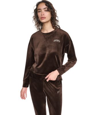 Женский пуловер DKNY Sport из велюра свободного кроя с асимметричным подолом, круглым вырезом и стразовым логотипом в стиле varsity