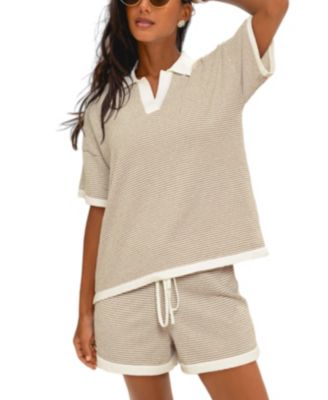 Cupshe Women's Beige and White Striped Terry Polo Top and Shorts Matching Set