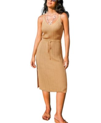 Cupshe Women's Caramel Ribbed Knit Drawstring Waist Midi Dress