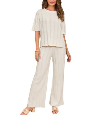 Cupshe Women's Ribbed Knit Short Sleeve Top and Wide Leg Pants Matching Set