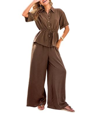 Cupshe Women's Drawstring Waist Button-Down Top and Wide Leg Pants Matching Set