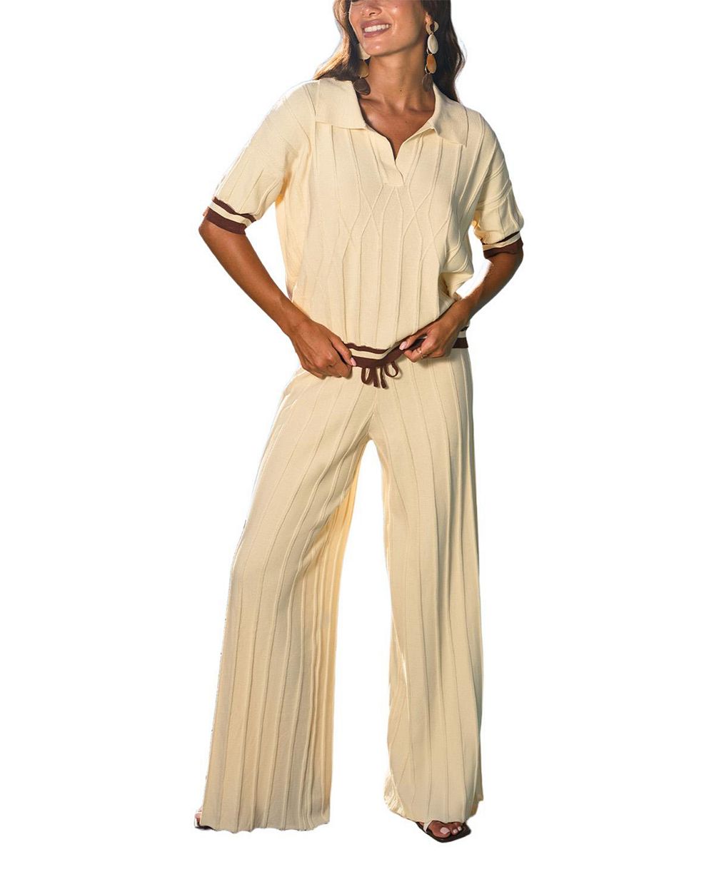 Комплект Cupshe Women's Cream Ribbed Knit Polo Top and Wide Leg Pants