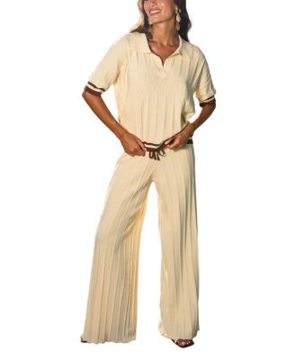 Cupshe Women's Cream Ribbed Knit Polo Top and Wide Leg Pants Matching Set