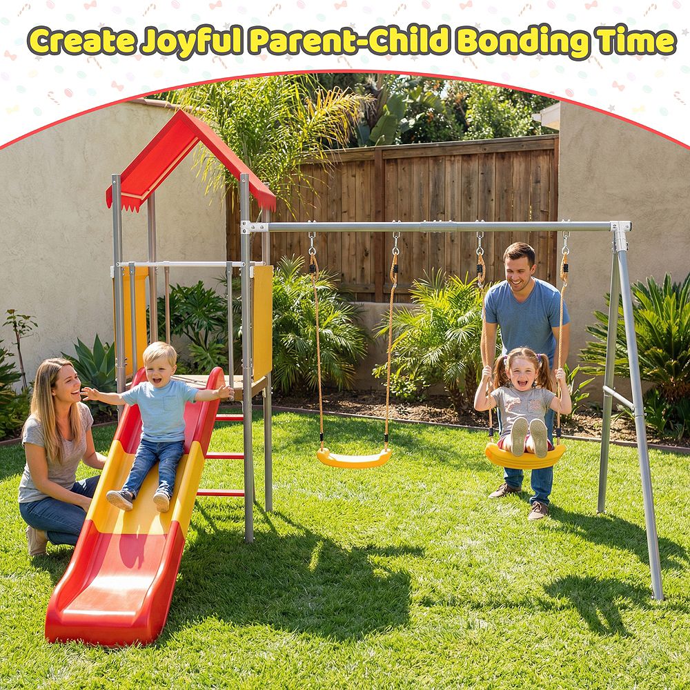 ZENY Metal and Plastic Treehouse Swing Set with Slide, Belt Swings, and Canopy - Safe, Sturdy, and Portable for Kids Ages 3-8