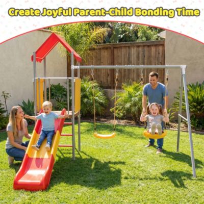 ZENY Metal and Plastic Treehouse Swing Set with Slide, Belt Swings, and Canopy - Safe, Sturdy, and Portable for Kids Ages 3-8