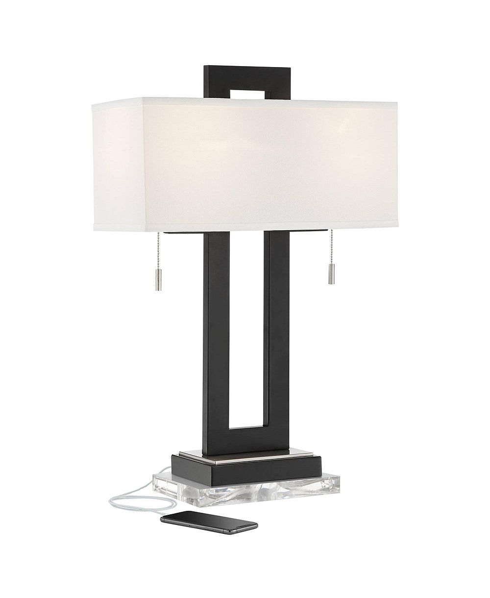 Современная настольная лампа 360 Lighting Neil с прозрачным основанием 26" с USB портом и прямоугольным абажуром