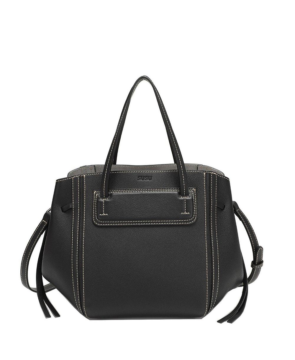 SUSU Hadley Leather Tote Bag Structured Shoulder Purse Minimalist Convertible Crossbody with Top Handles