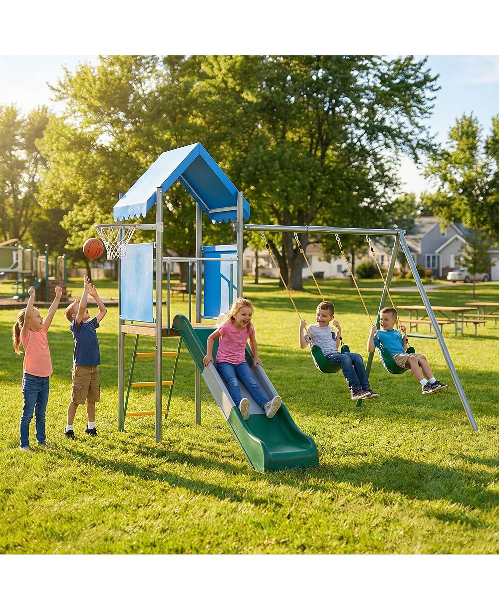 homfan 112 x 110 x 97 дюймов оцинкованная сталь и ПЭ уличная детская игровая площадка с качелями и горкой, 2 прямых качели