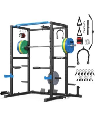 FED FITNESS Power Rack Cage with  Weight Plates and 7FT Olympic Barbell, All-in-One Home Gym Squat Rack Workout Station with Pulley System
