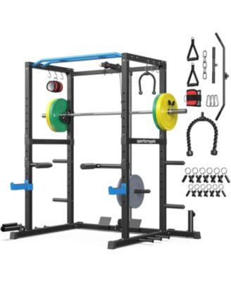 FED FITNESS Power Rack Cage with 140LB Weight Plates and 7FT Olympic Barbell, All-in-One Home Gym Squat Rack Workout Station with Pulley System