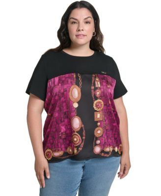 KARL LAGERFELD PARIS Plus Size Gemstone Knit Placed-Print Crewneck Blouse