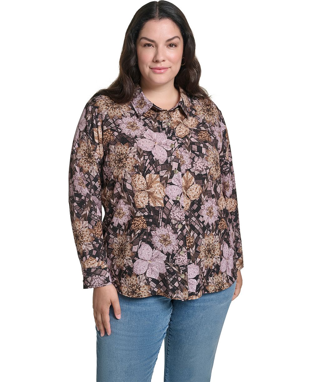 KARL LAGERFELD PARIS Plus Size Geo Floral Long-Sleeve Button-Up Woven Blouse