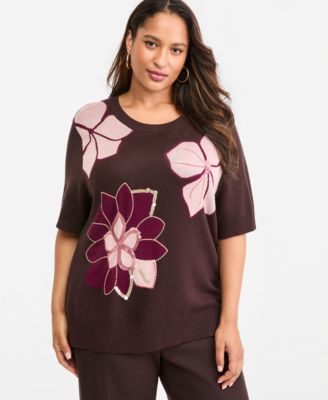 KARL LAGERFELD PARIS Plus Size Short-Sleeve Flower Sweater Floral Sequin Sweater