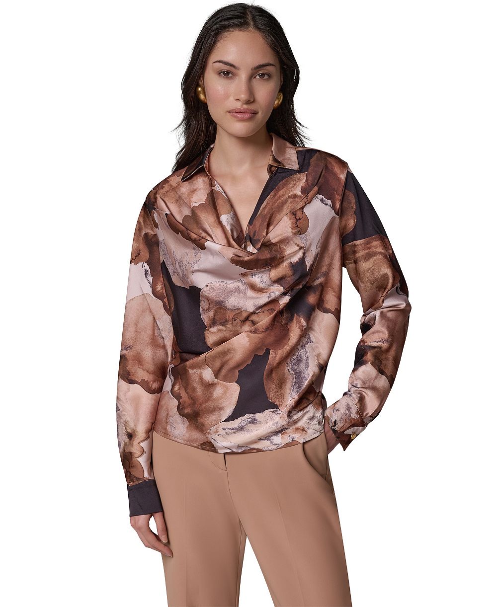 Женская блузка Donna Karan New York с длинным рукавом, из сатина, с драпировкой на шее