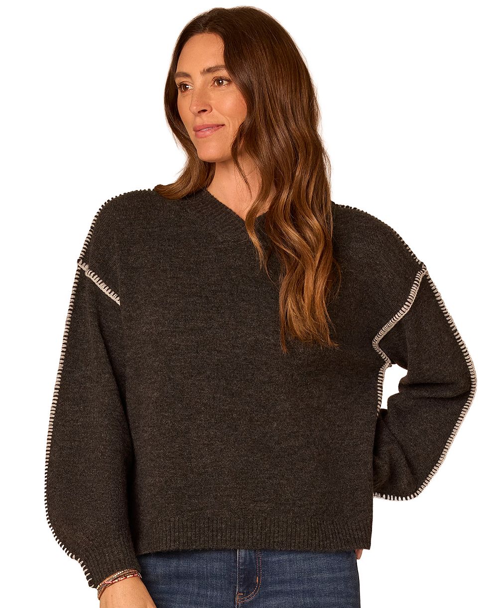 Democracy Petite Whip-Stitch Long-Blouson Sleeves V-Neck Pullover Sweater