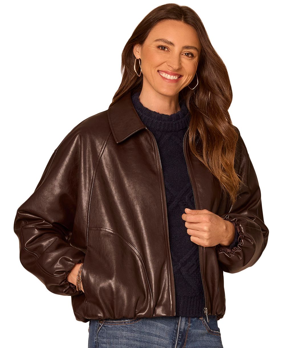 Democracy Petite Faux Leather Blouson-Sleeve Raglan Bomber Jacket