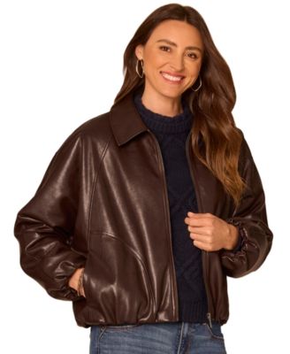 Democracy Petite Faux Leather Blouson-Sleeve Raglan Bomber Jacket