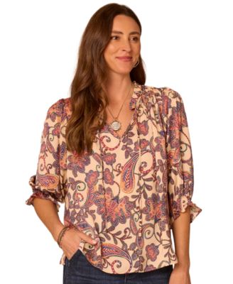 Democracy Petite Floral-Print Split Neck Peasant 3/4-Sleeve Blouse