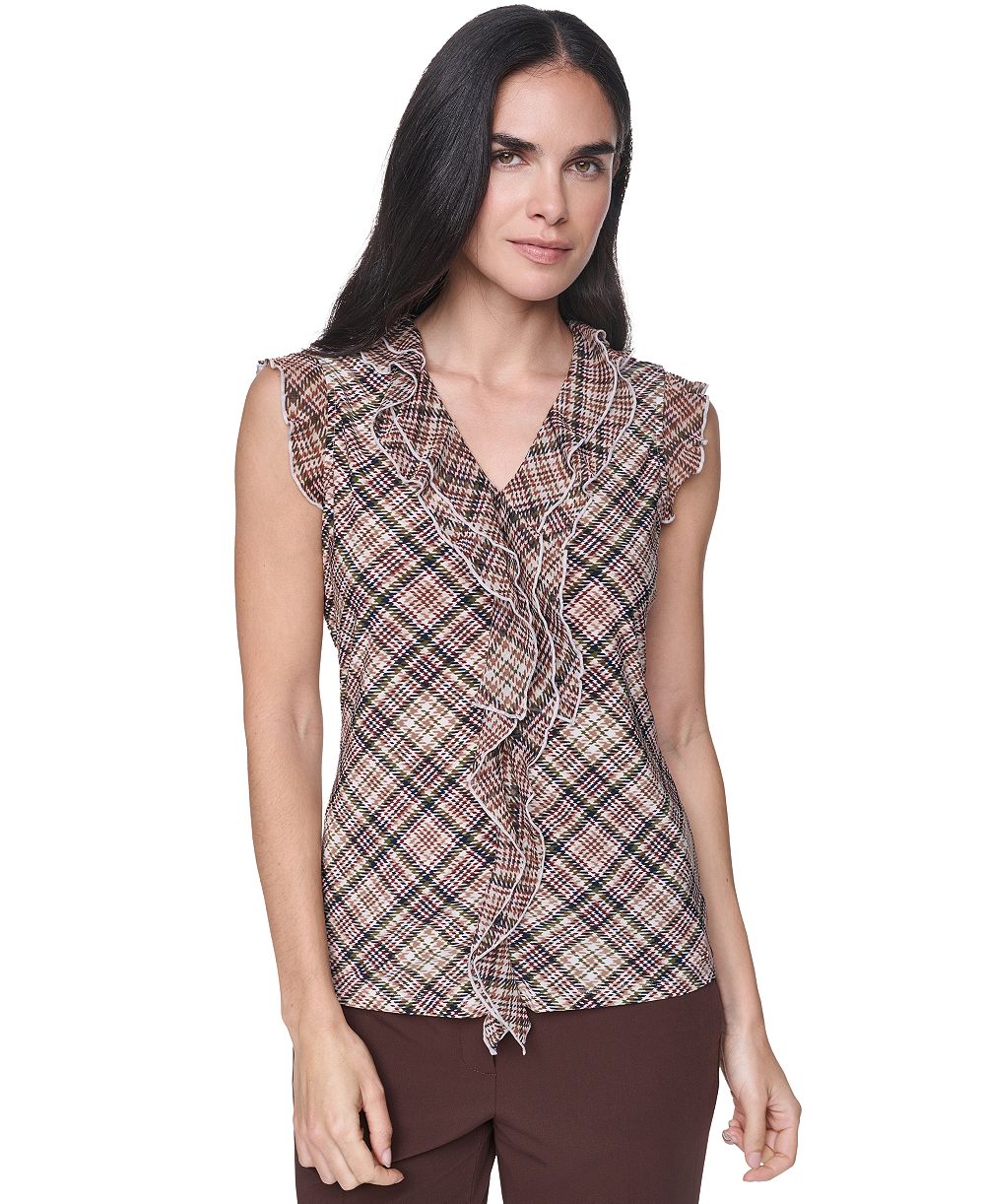 Tommy Hilfiger Women's V-Neck Plaid Ruffle Sleeveless Blouse