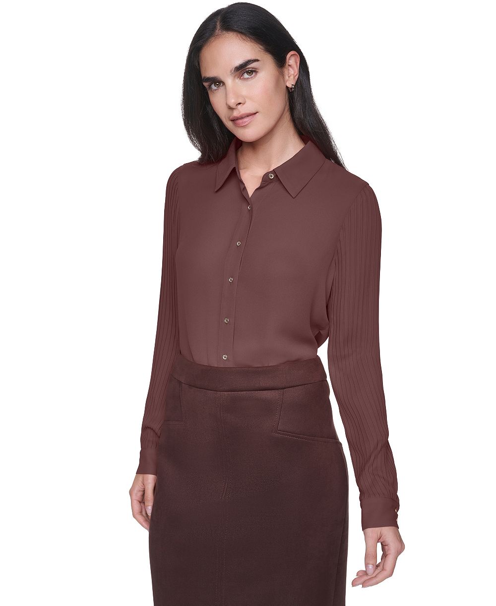 Tommy Hilfiger Women's Long-Sleeve Button-Front Pleated-Sleeve Blouse