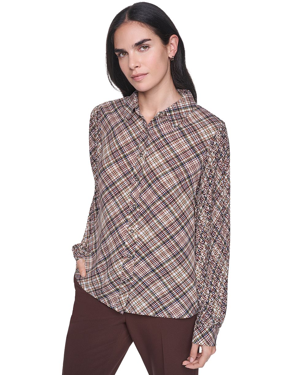 Tommy Hilfiger Women's Button-Front Pleated Plaid Long-Sleeve Blouse