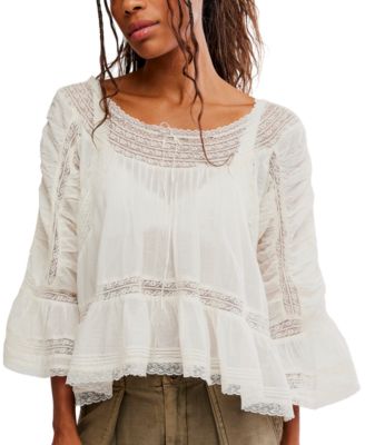 Free People Women's She's A Romantic Top Long Bell Sleeves Lace-Paneling Blouse