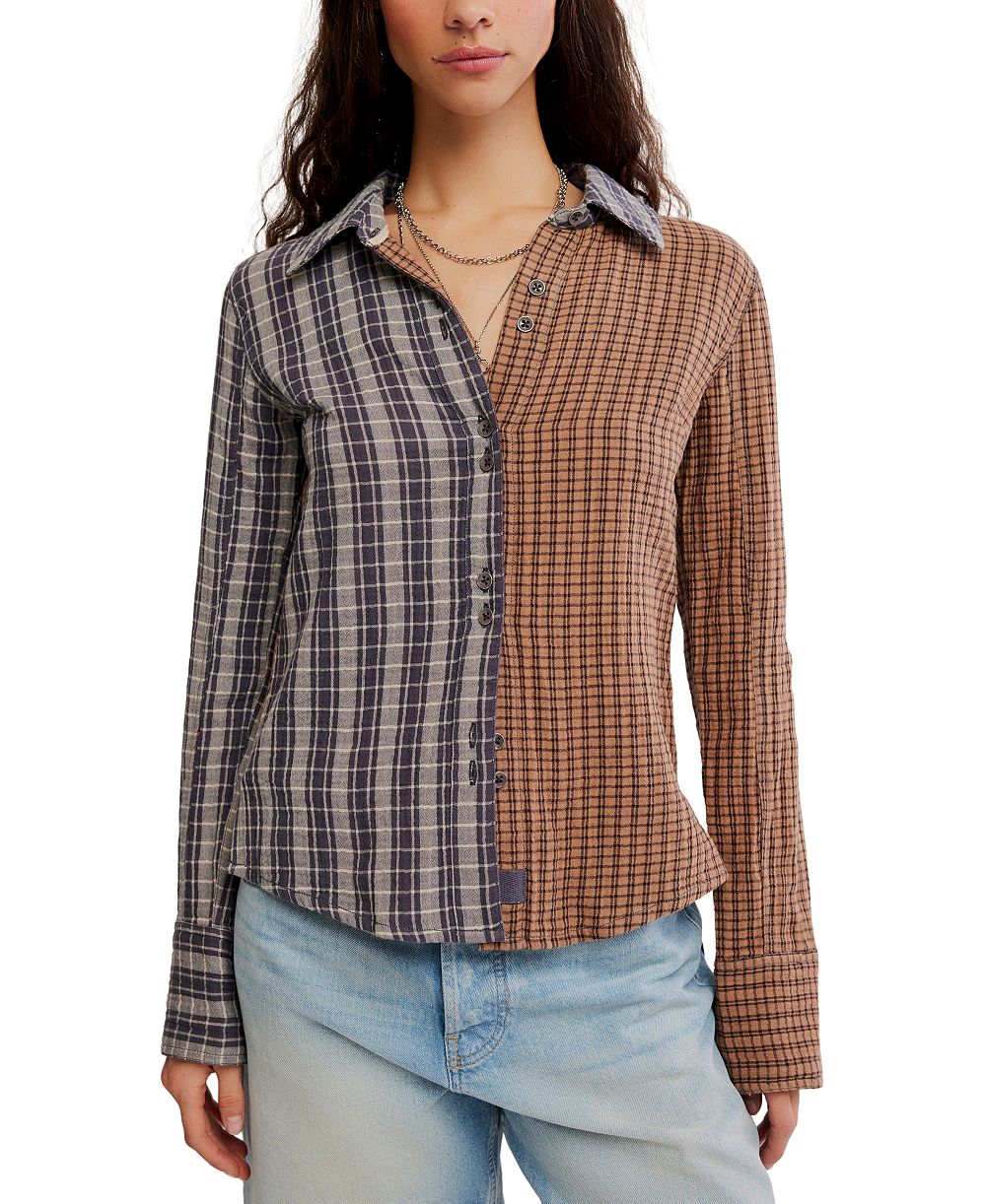 Free People Women's Benny Slim Plaid Paint-Splatter Long-Sleeve Blouse
