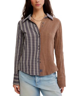 Free People женская блуза с длинным рукавом Benny Slim Plaid Paint-Splatter