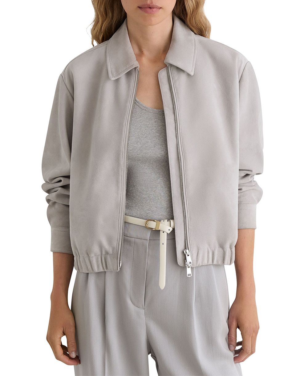 REISS Women's Lottie Cropped Leather Elasticated-Hem Bomber Jacket