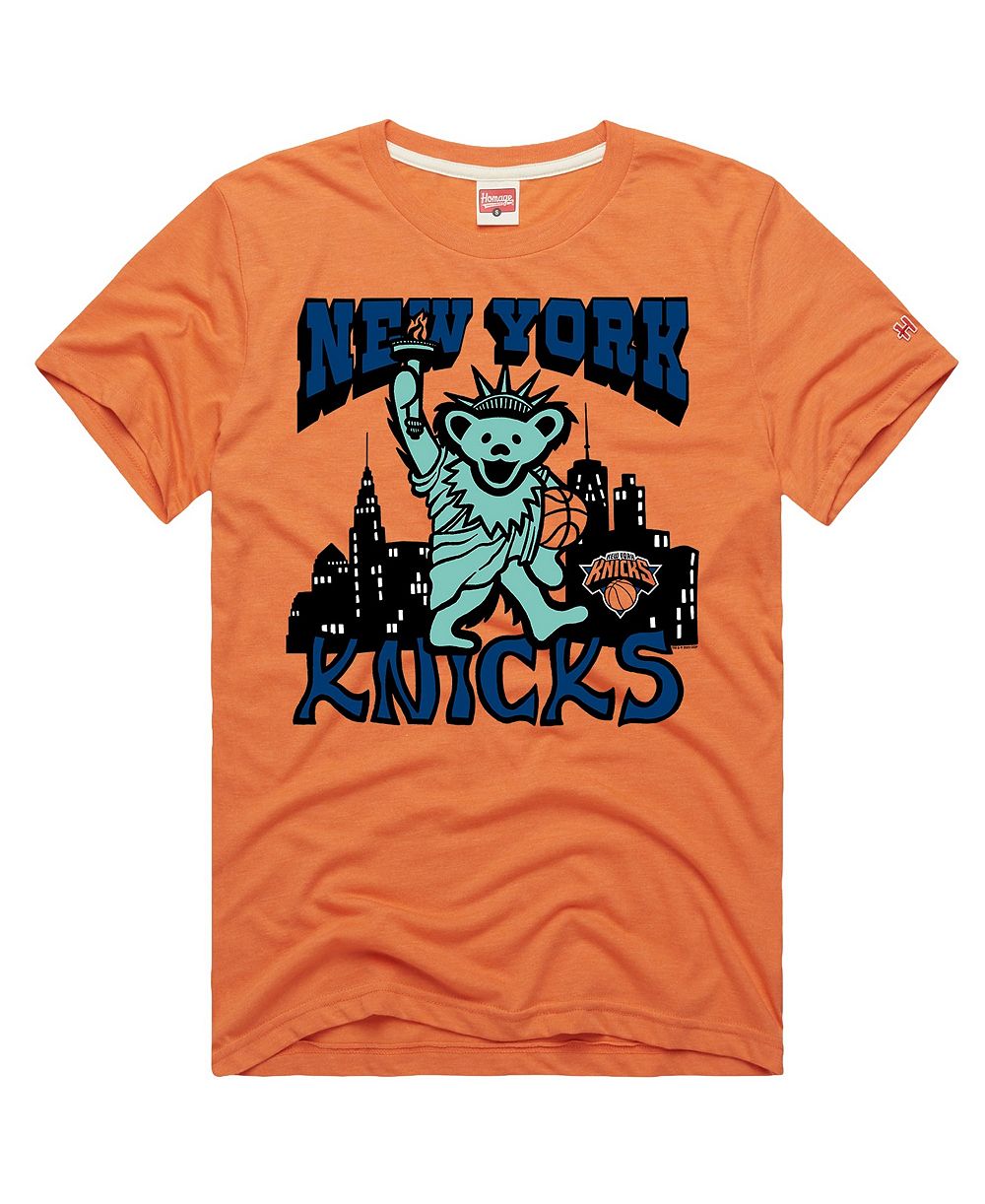 Мужская и женская футболка Homage Orange New York Knicks x The Grateful Dead Bear Tri-Blend