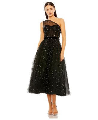 Mac Duggal Women's One Shoulder Pearl Beaded Midi Ballgown