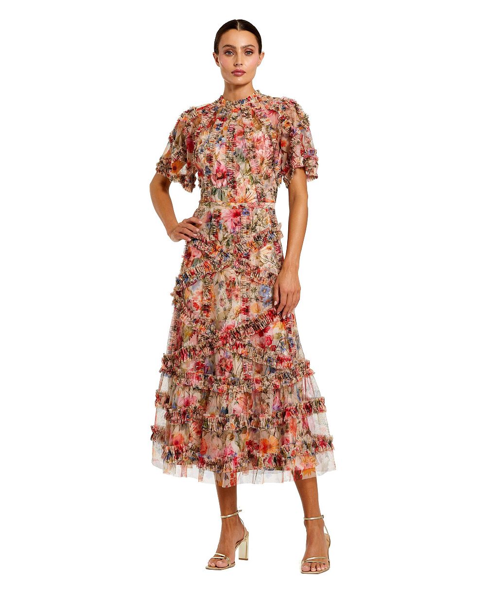 Mac Duggal Женское платье в цветочный принт с сеткой и рукавами-крыльями