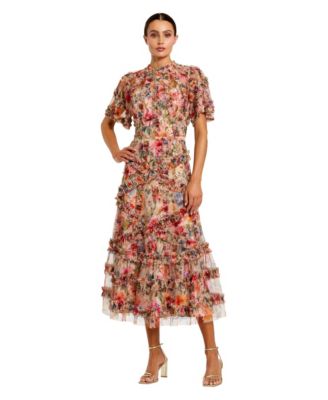 Mac Duggal Женское платье в цветочный принт с сеткой и рукавами-крыльями