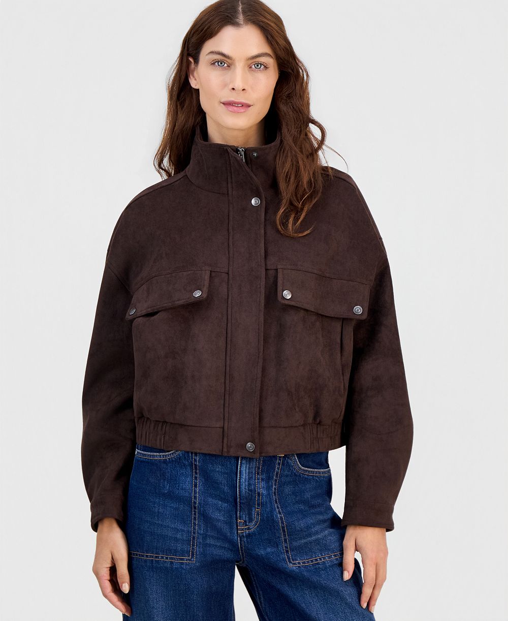 And Now This Petite Faux Suede Stand-Collar Bomber Jacket, Macy's Exclusive