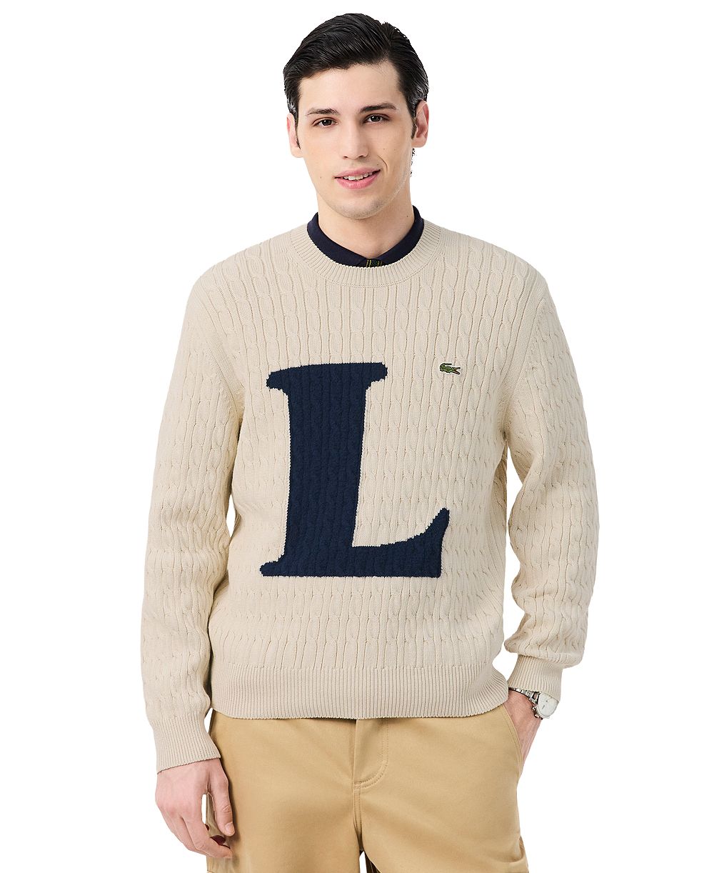 Lacoste Men's Cable-Knit Intarsia-Logo Crewneck Pullover Sweater
